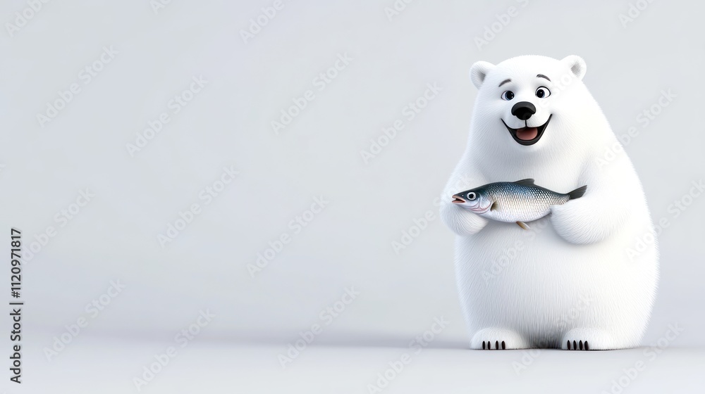 A cheerful polar bear holding a fish against a simple background. A cheerful polar bear holding a fish against a simple background.