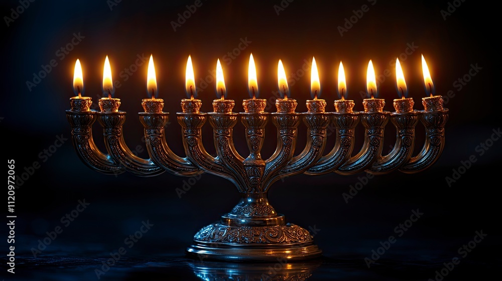 Fototapeta premium Silver Intricacy beautifully crafted silver menorah with intricate designs and glowing candles, set against a deep navy blue background with ample copy space.