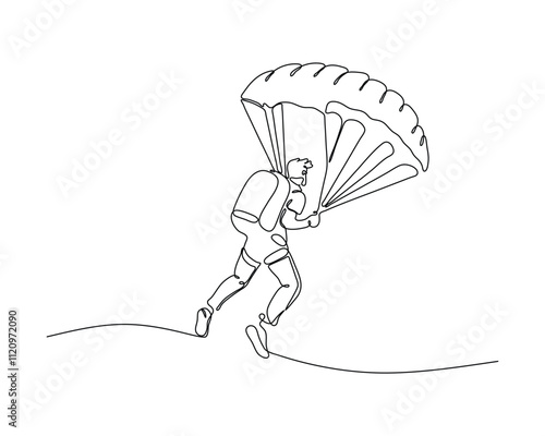 A continuous line drawing of a person landing with a parachute, capturing the thrill and dynamic movement of skydiving. Perfect for themes of adventure, extreme sports, and outdoor activities photo