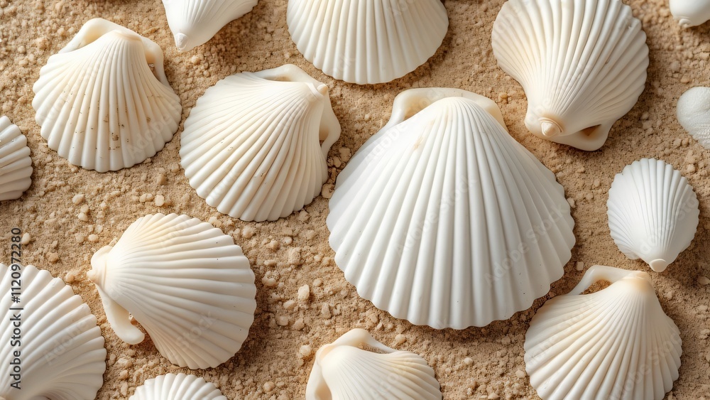 High-Resolution Close-Up of White Seashells on Light Brown Sand, Flat Lay Beach Photography High-Resolution Close-Up of White Seashells on Light Brown Sand, Flat Lay Beach Photography