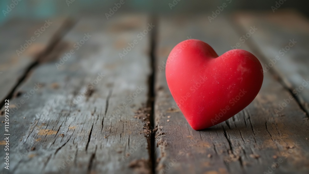 Fototapeta premium Romantic Red Heart on Rustic Wooden Table, Valentine's Day Love and Affection Symbol