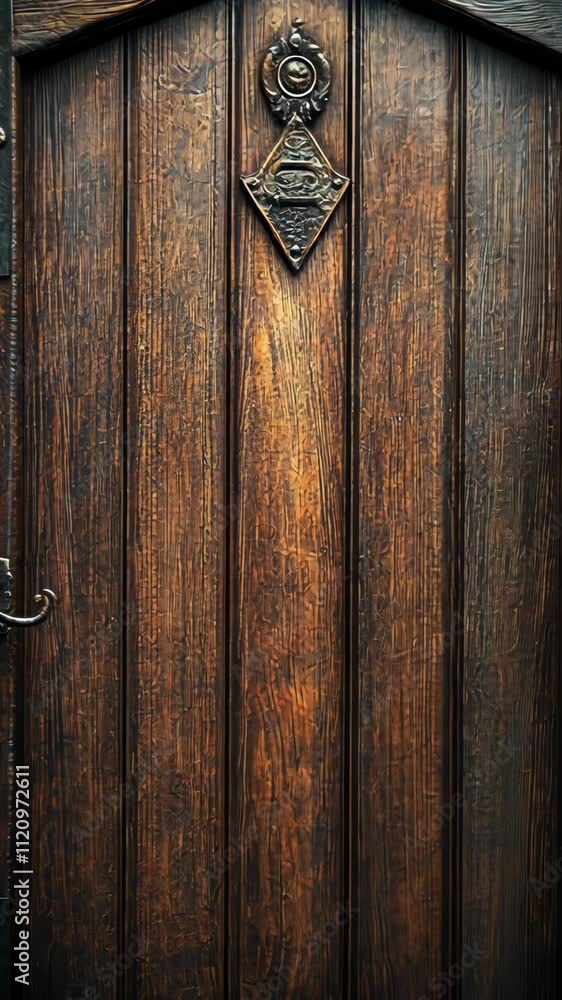 Intricately carved wooden door with ornate hardware in a rustic setting Intricately carved wooden door with ornate hardware in a rustic setting