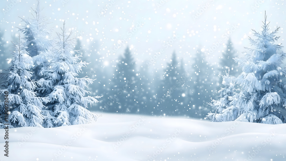 Fototapeta premium winter landscape with snowfall and snowflakes. Christmas background with Christmas trees