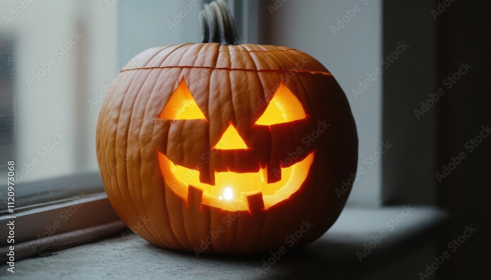 A carved pumpkin with a smiling face, lit from within, on a windowsill. A carved pumpkin with a smiling face, lit from within, on a windowsill.