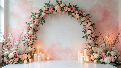 Romantic Pink & White Wedding Backdrop, Floral Arch, Candles, Watercolor Wall