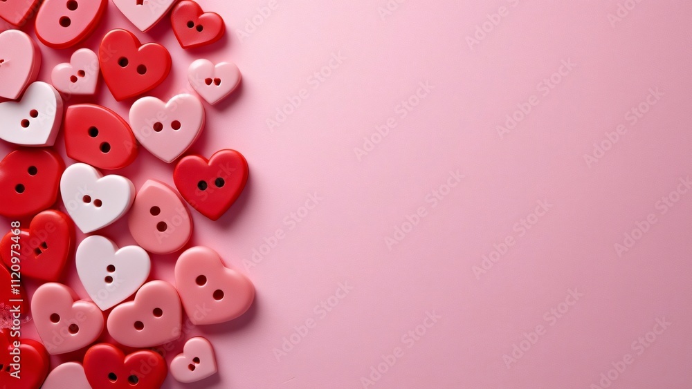 Romantic Valentine's Day Background, Pink and Red Heart Buttons on Pastel Paper Romantic Valentine's Day Background, Pink and Red Heart Buttons on Pastel Paper