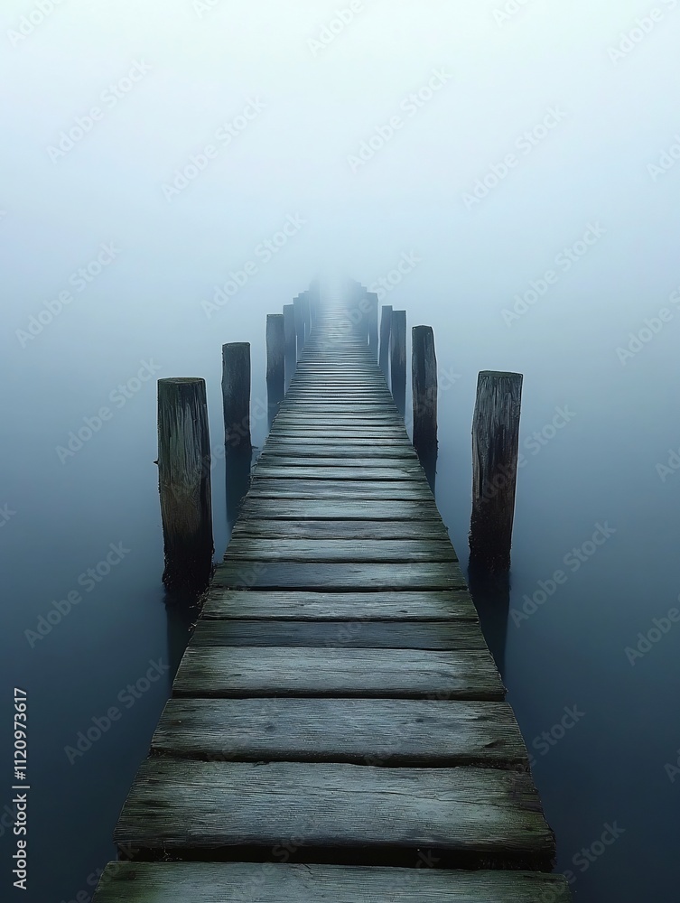 Obraz premium Misty Dock Leading to Mysterious Horizon in Tranquil Lake Landscape