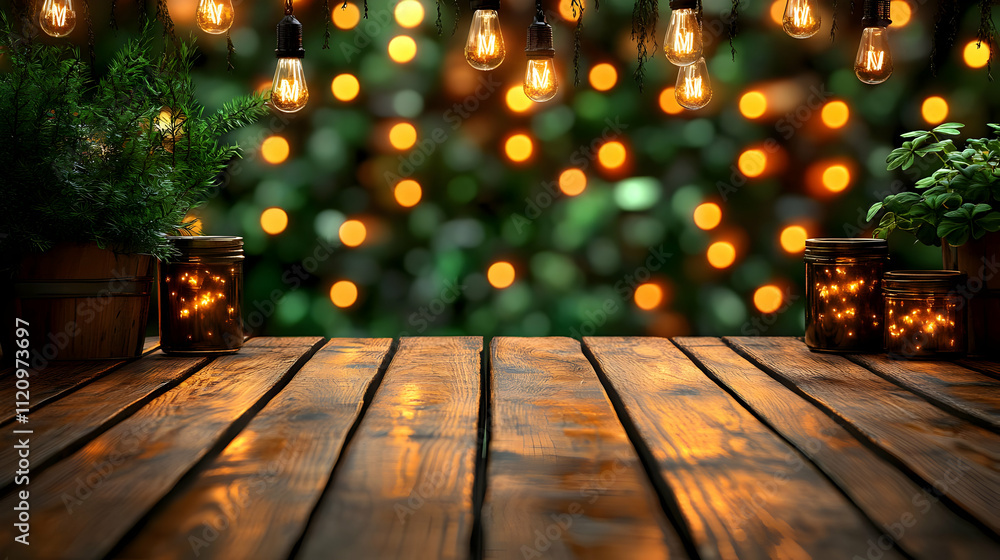 Warm Evening: Rustic Wooden Table, Glowing Lights, Plants Warm Evening: Rustic Wooden Table, Glowing Lights, Plants