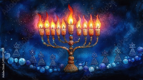 Festive Hanukkah Greeting Card with a Glittering Menorah Embellished with Sequins, Accented by a Border of Dreidels and Stars in Traditional Blue and White Hues. photo