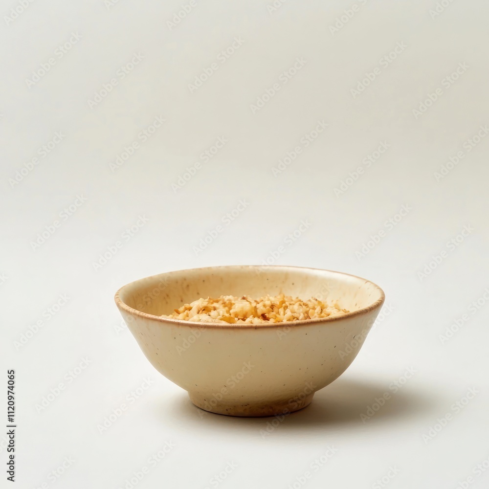 Beige bowl filled with light brown grains of rice Beige bowl filled with light brown grains of rice