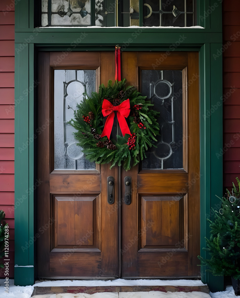 Beautiful and elegant Christmas wreath hanging on a door Beautiful and elegant Christmas wreath hanging on a door