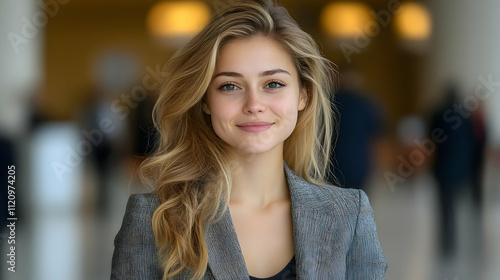 Wallpaper Mural Woman Smiling Confidently in Modern Building Torontodigital.ca