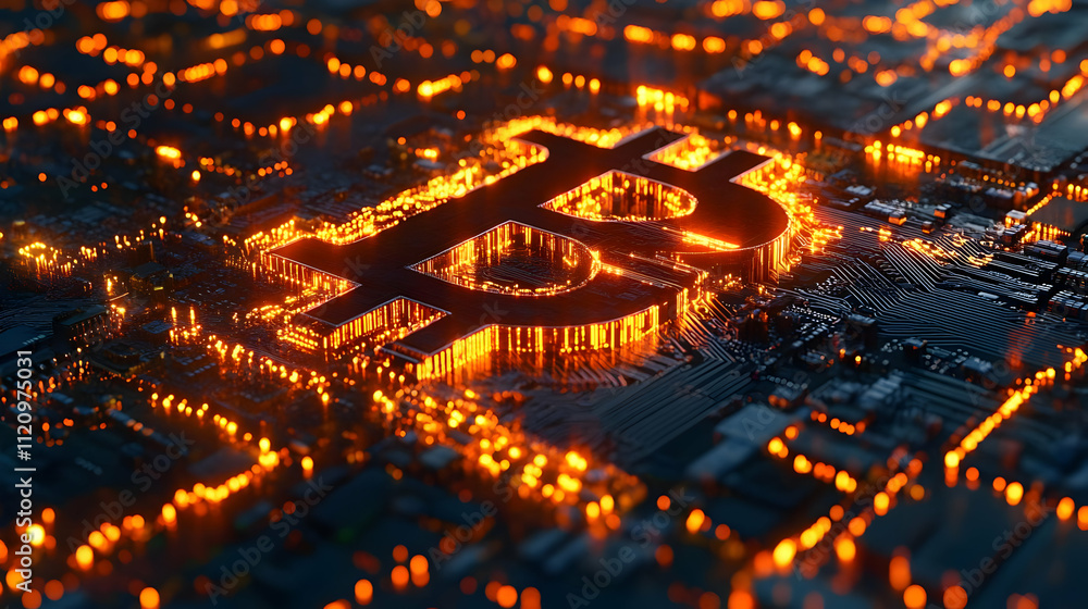 Fototapeta premium Digital Currency Illuminates Circuit Board's Pathways