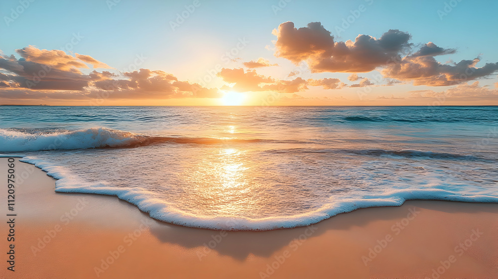 Ocean Waves Crashing on Sandy Beach at Sunset Ocean Waves Crashing on Sandy Beach at Sunset