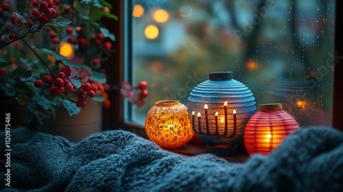 A beautifully illuminated menorah displayed on a window ledge, surrounded by cheerful paper lanterns and a draped blanket, adding to the festive charm. photo