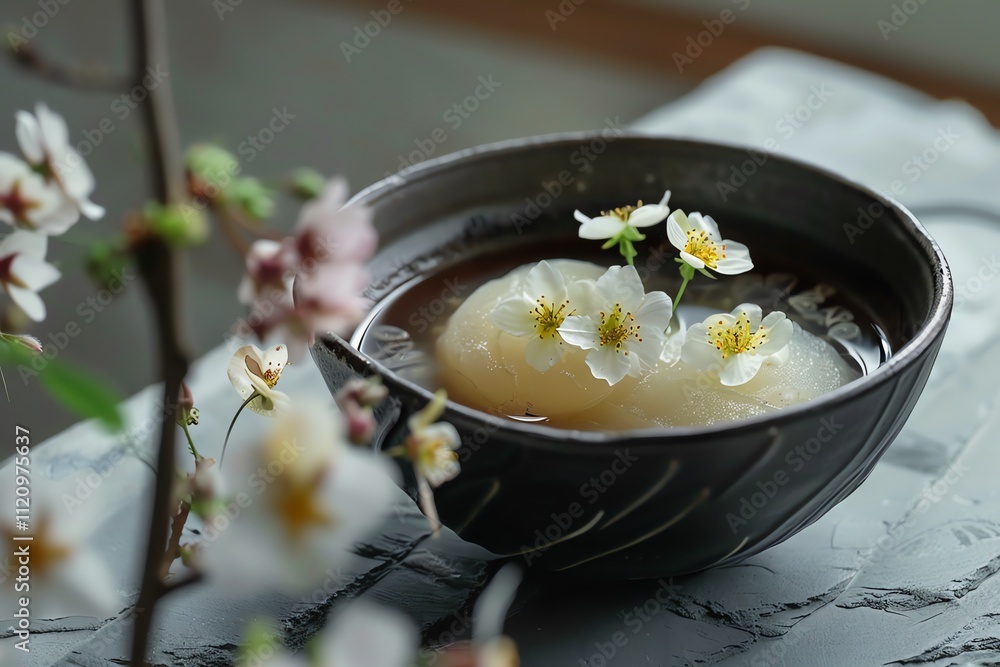 Close-up of a dark bowl containing a poached pear dessert with white flowers, next to a blossoming branch. Close-up of a dark bowl containing a poached pear dessert with white flowers, next to a blossoming branch.