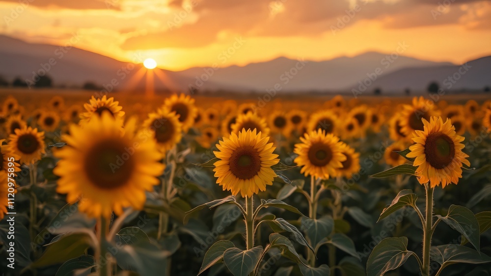 Fototapeta premium Majestic Sunflowers at Sunset, Golden Hour in a Field with Mountain Backdrop