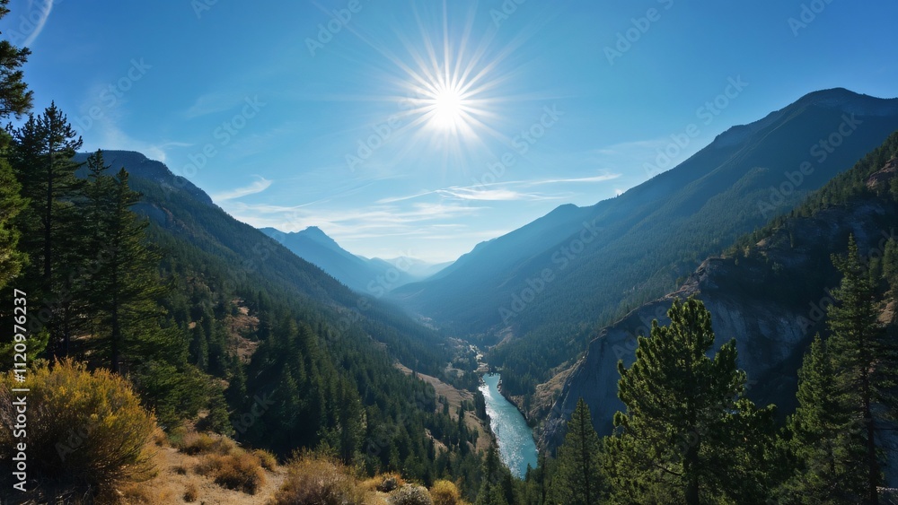 Fototapeta premium Stunning California Mountain River Valley, Sunlit Forest, Blue Sky, High Peaks