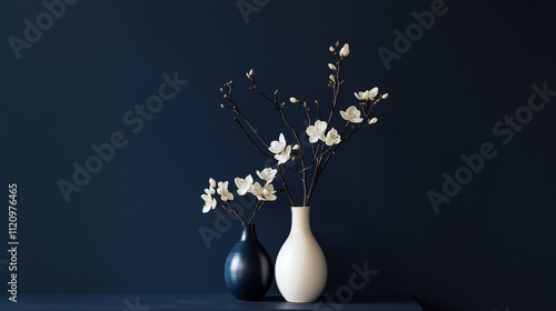 Minimal Navy Blue Interior, White Blossom Flowers and Branches In White and Navy Blue Vases On A Shelf. Still Life, Ceramic Arrangement for Decoration. Copy Space.
