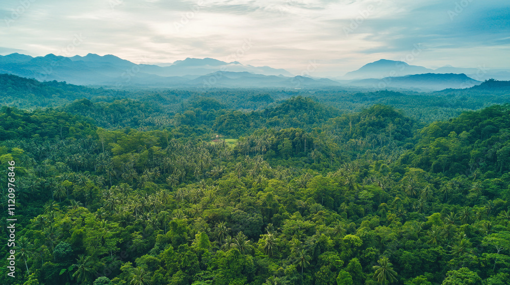 Lush tropical rainforest landscape with distant mountains during sunrise in a serene setting Lush tropical rainforest landscape with distant mountains during sunrise in a serene setting
