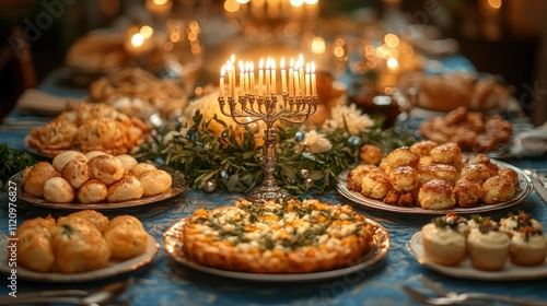 An exquisite Hanukkah dining setup with a blue and silver motif, highlighting a radiant menorah, candles, and delicious holiday dishes at the center. photo