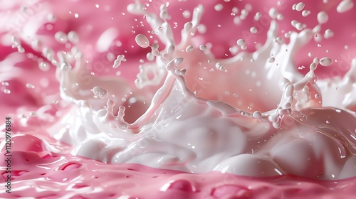 Close-up of a milk splash in pink liquid.