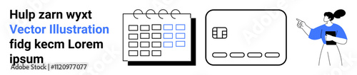 Notebook style calendar with days, digital interface with buttons, person presenting or instructing with a notepad. Ideal for productivity, planning, technology, education, presentation, tutorials