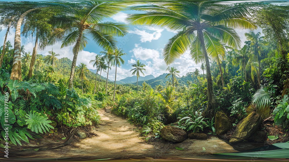 Lush tropical landscape featuring palm trees and mountain backdrop in bright daylight Lush tropical landscape featuring palm trees and mountain backdrop in bright daylight