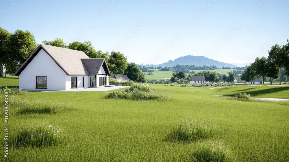 Serene countryside view with a modern house and lush greenery. Serene countryside view with a modern house and lush greenery.