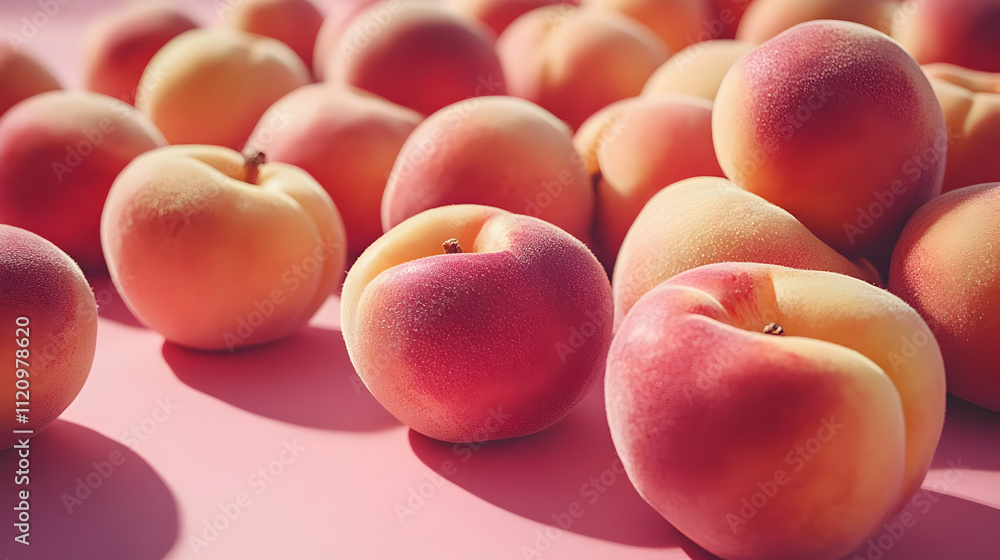 Juicy Peaches: Ripe, Sweet, and Summery Fruit Delight on Pink Background Juicy Peaches: Ripe, Sweet, and Summery Fruit Delight on Pink Background