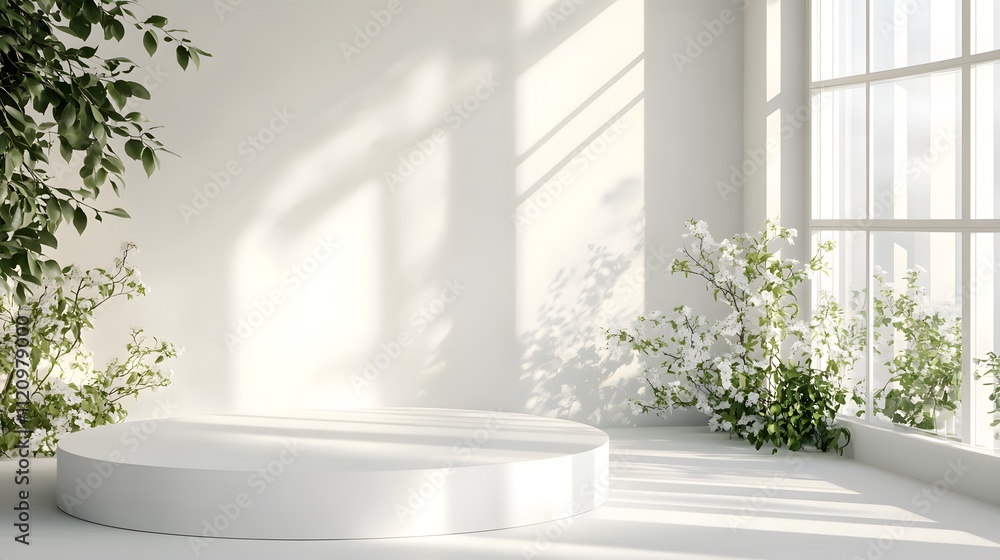 A serene indoor space with natural light, plants, and a minimalist platform. A serene indoor space with natural light, plants, and a minimalist platform.