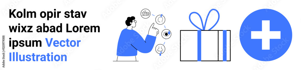 Man in blue interacting with icons, a gift box symbolizing rewards, and a plus sign for positive outcomes. Ideal for business strategies, goal setting, productivity tools, online courses Man in blue interacting with icons, a gift box symbolizing rewards, and a plus sign for positive outcomes. Ideal for business strategies, goal setting, productivity tools, online courses