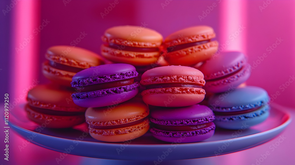 Stack of Colorful Macarons on a Blue Plate - Illustration Stack of Colorful Macarons on a Blue Plate - Illustration