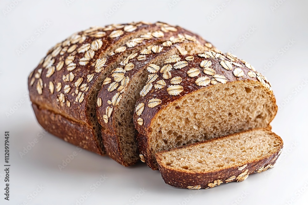 Excellent quality, freshly made whole grain bread with sliced oats, isolated on a white backdrop. Generative Ai