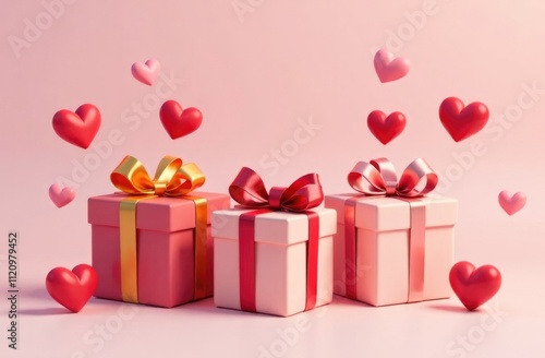 multicolored, gift boxes in a beautiful festive wrapper, hearts free space for advertising, on a light background, three te photo