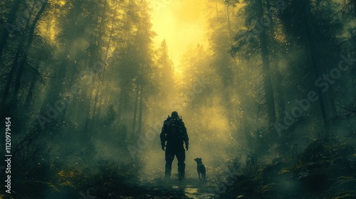 A figure and a dog in a misty forest at dusk 