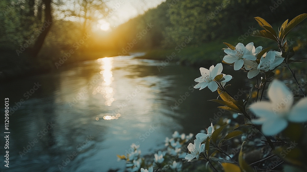 Sunset over a tranquil river with blooming flowers along the bank in spring Sunset over a tranquil river with blooming flowers along the bank in spring