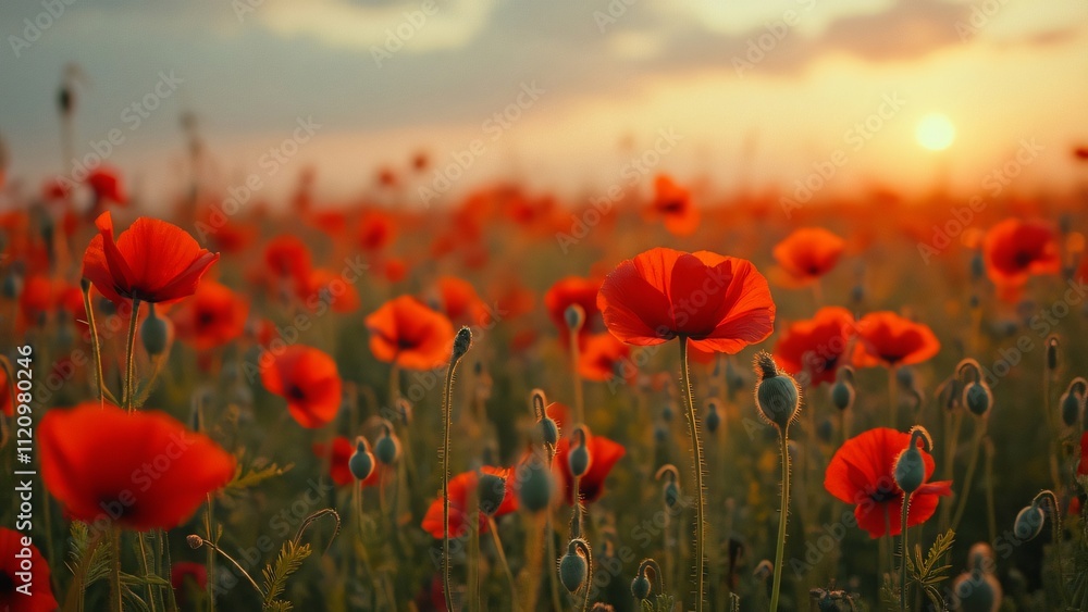 Obraz premium Stunning Sunset View of a Vibrant Poppy Field, National Geographic Style Photography