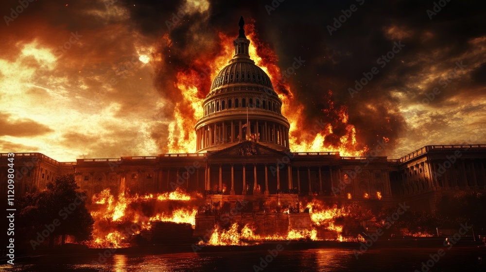 Fototapeta premium A dramatic depiction of a burning Capitol building amidst a fiery sky.