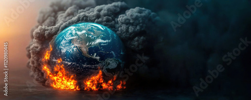 Climate change wildlife crisis concept. A dramatic depiction of Earth engulfed in flames and smoke, symbolizing environmental crisis and climate change. photo