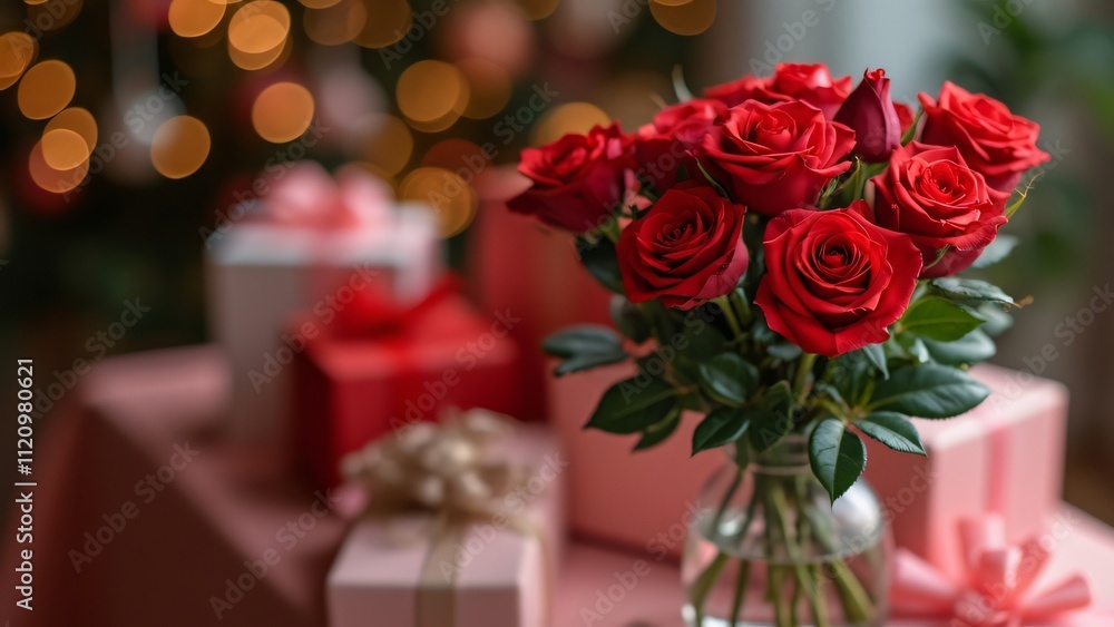 Stunning Red Rose Bouquet with Gift Boxes, Macro Photography Stunning Red Rose Bouquet with Gift Boxes, Macro Photography