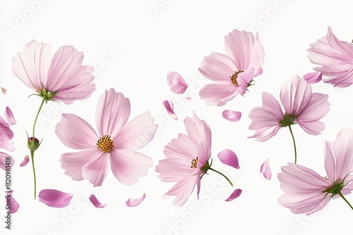 Delicate pink cosmos flowers and petals gently floating in mid-air against a white background