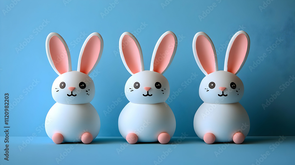 Three Cute Bunnies Sitting on Blue Background Three Cute Bunnies Sitting on Blue Background