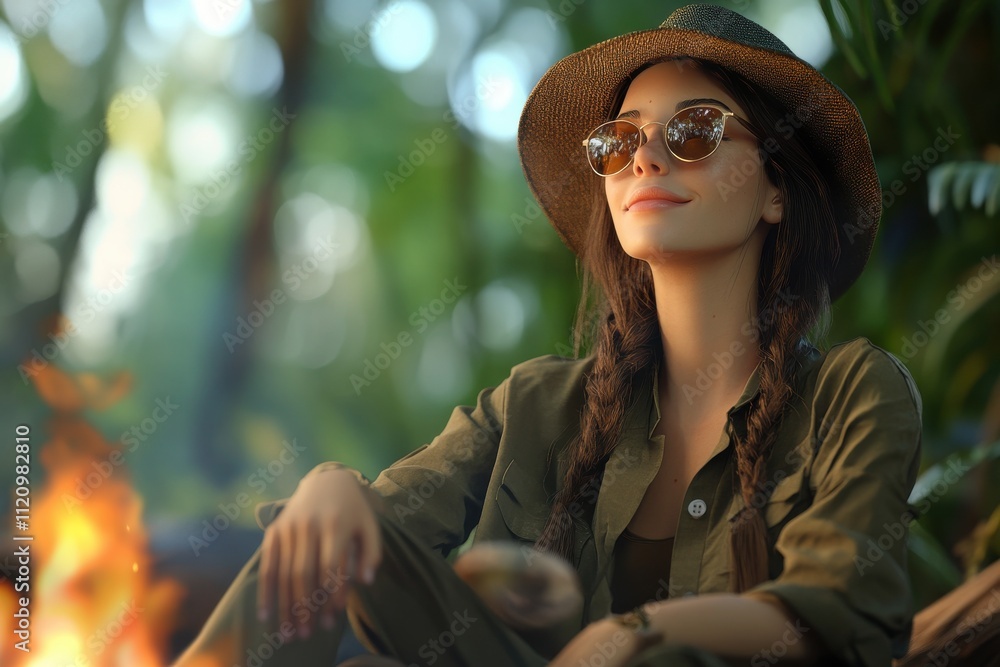 beautiful woman wearing hat and sunglasses sitting at outdoor beautiful woman wearing hat and sunglasses sitting at outdoor