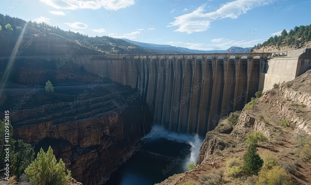 A dam with water flowing from its base, surrounded by rocky terrain. A dam with water flowing from its base, surrounded by rocky terrain.