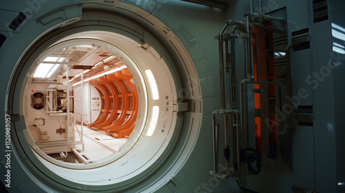 Color photo from a low angle looking up at a round airlock, showcasing its exterior and architectural design.

