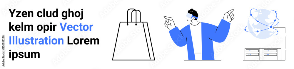 Man pointing towards different icons including a shopping bag, abstract globe, and digital screen. Ideal for e-commerce, business communication, technology, marketing, innovation, networking Man pointing towards different icons including a shopping bag, abstract globe, and digital screen. Ideal for e-commerce, business communication, technology, marketing, innovation, networking