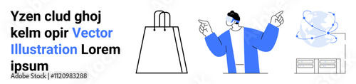 Man pointing towards different icons including a shopping bag, abstract globe, and digital screen. Ideal for e-commerce, business communication, technology, marketing, innovation, networking