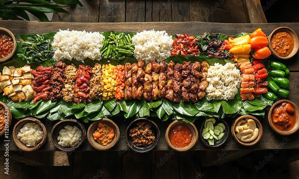 A vibrant spread of traditional dishes on a large wooden table. A vibrant spread of traditional dishes on a large wooden table.