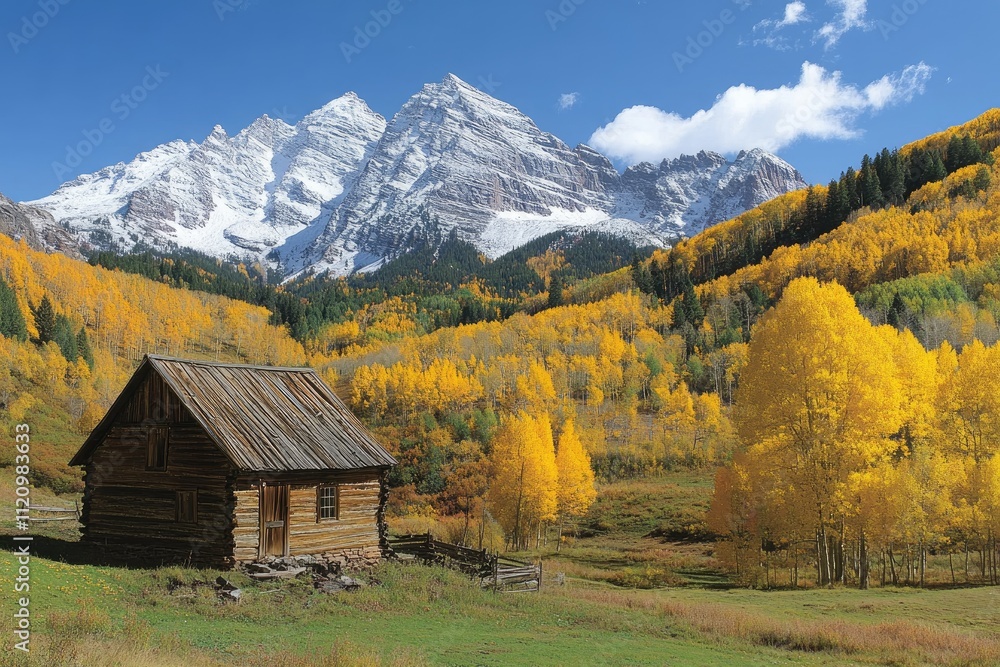 A rustic cabin sits in a valley with vibrant fall foliage. This captivating image captures the beauty of nature in its most breathtaking colors. A rustic cabin sits in a valley with vibrant fall foliage. This captivating image captures the beauty of nature in its most breathtaking colors.